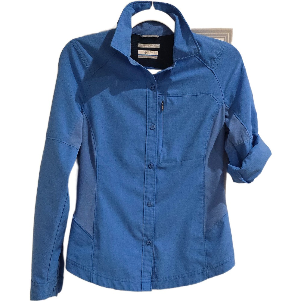 Columbia Omni-Shade Blue Ripstop Hiking Shirt Womens XS Sun Protection Roll Tab